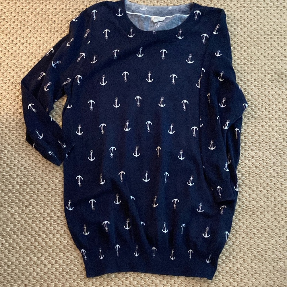 J. Crew Blue Crew Neck Sweater with Nautical Anchor Pattern